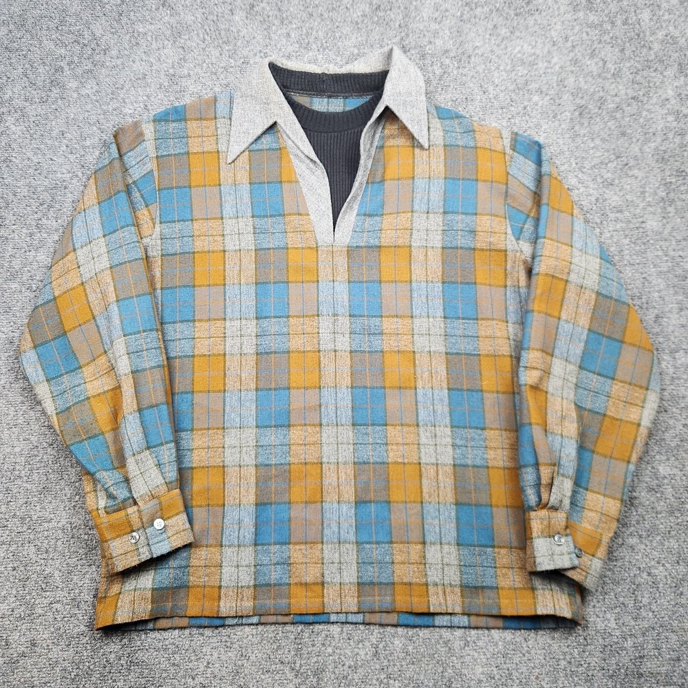 Vintage 70s Sears Pullover Shirt Mens Large Multicolor Plaid Long Sleeve Wool